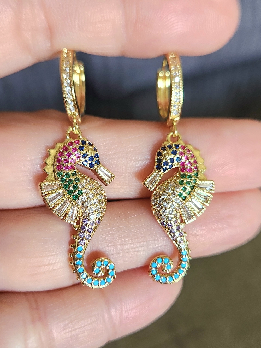 New 18K Gold Plated Multicolored Gemstones Seahorse Dangle Hoop Earrings Women
